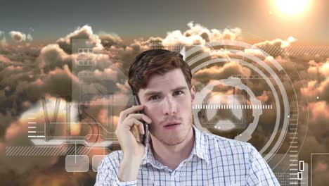 animación de un hombre usando un teléfono inteligente y una interfaz digital sobre un cielo nublado