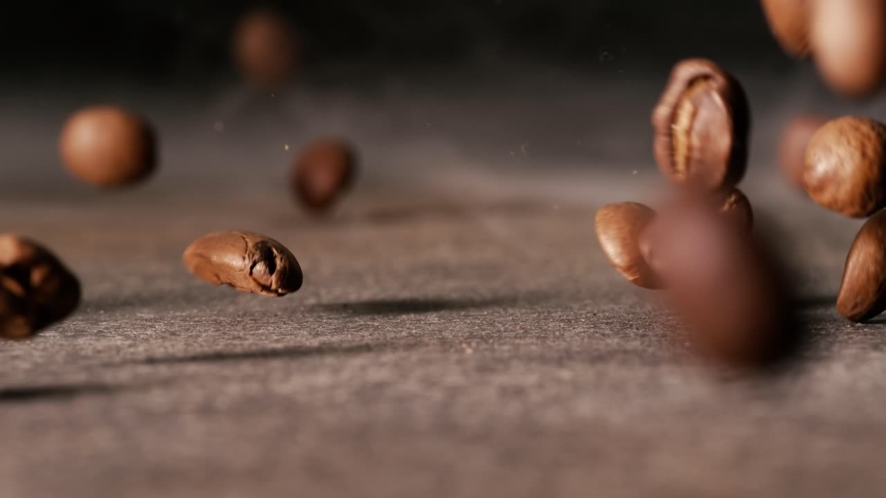 Close up of seeds of coffee. Fragrant coffee beans Super Macro Close Up. Shot on super slow motion camera 1000 fps.