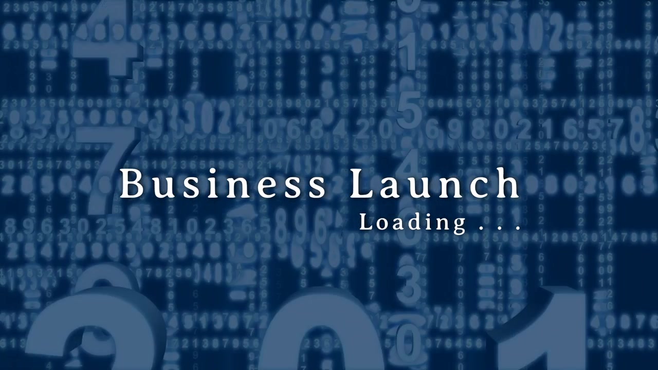 Looping digit grid sliding and loading dots cycling by centered Business Launch, suggesting data