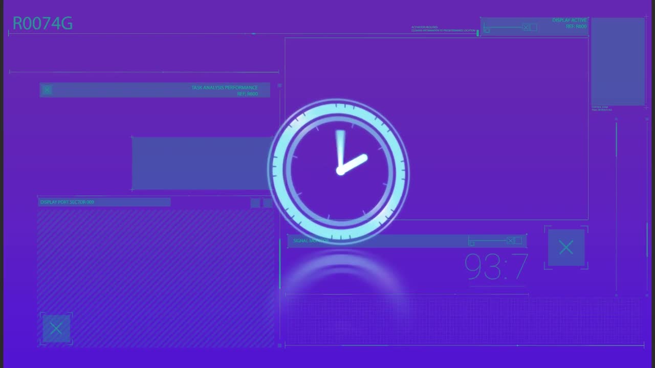 Animation of clock running on blue digital interface