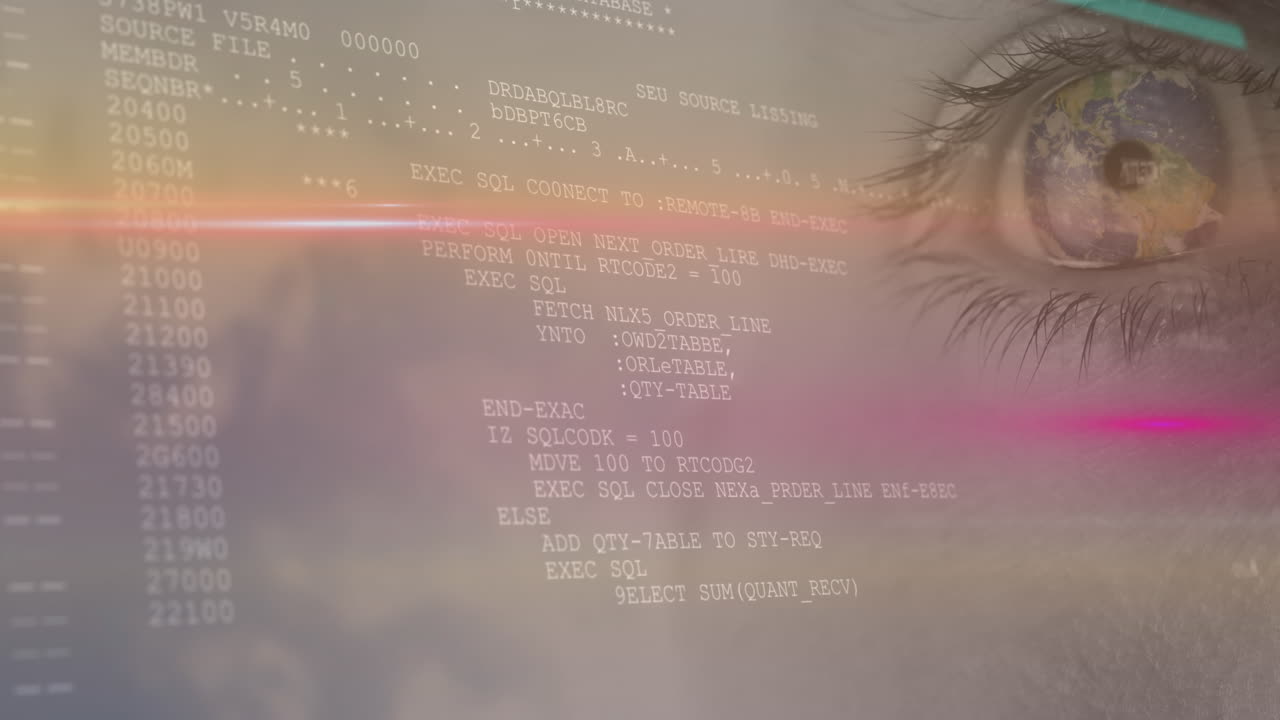 Animation of data processing with light trails over woman's eye