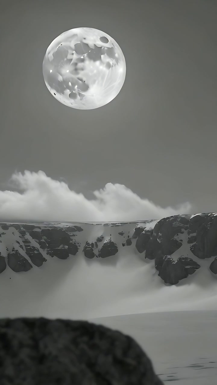 Vídeo vertical: Câmera recuando revelando lua cheia sobre cume nevado à noite, mostrando nuvens e rocha.