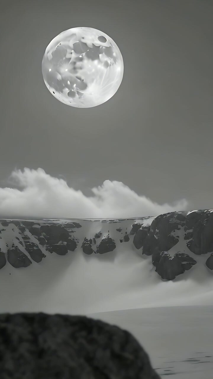 Vídeo vertical: Câmera recuando revelando lua cheia sobre cume nevado à noite, mostrando nuvens e rocha.