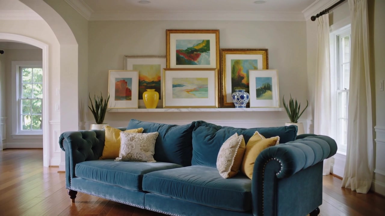 Moving camera starting forward and panning right in living room, showcasing teal sofa details