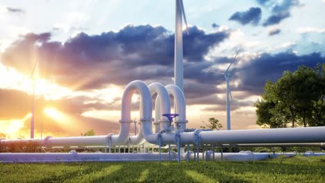 hydrogen pipeline and wind turbines. photovoltaic panels enhance clean energy generation. sunset