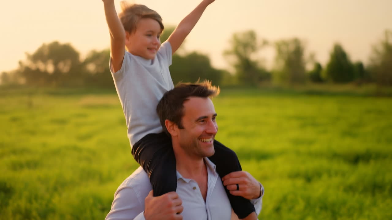 Padre blanco llevando a su hijo a hombros en un prado soleado durante la hora dorada, riendo y levantando los brazos, en primer plano.