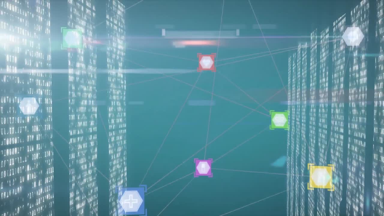 Animation of networks of connections with icons and computer servers over green background