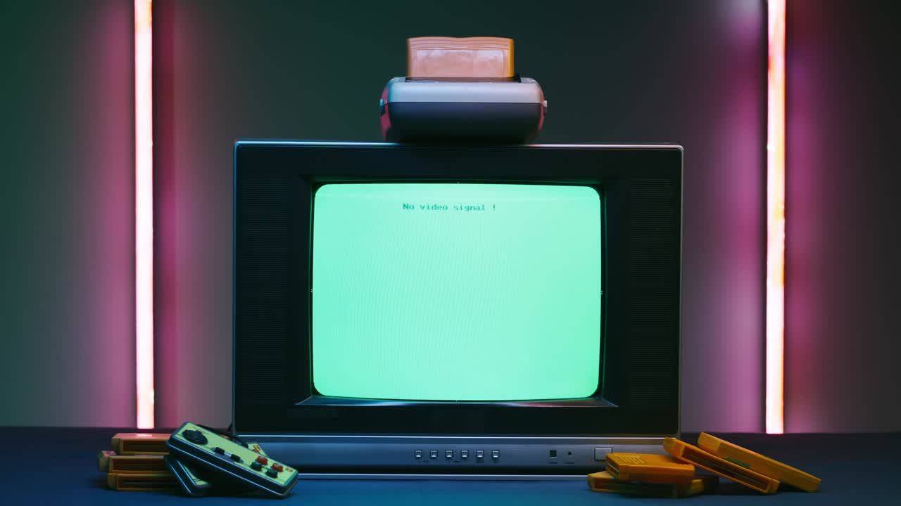 Old television with white screen on neon background. Close-up of vintage tv and cartridges for retro playstation. Antique video game, nostalgia