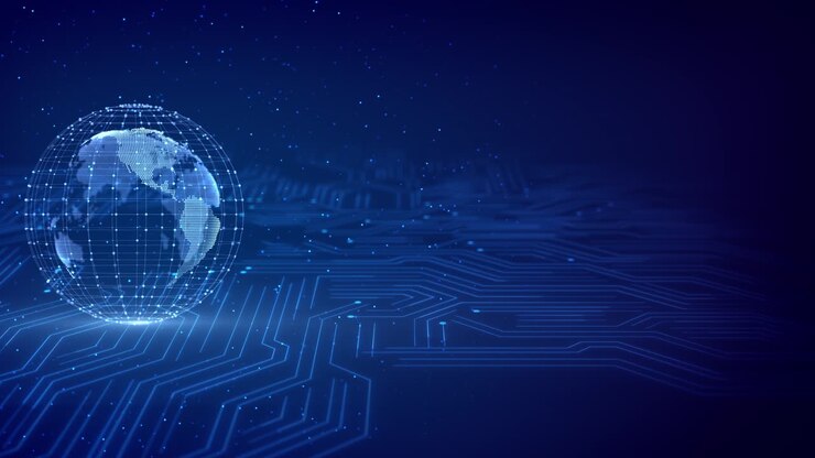 Particelle di globo rotante futuristico, visuale di circuito stampato luminoso che simboleggia tecnologia globale e AI