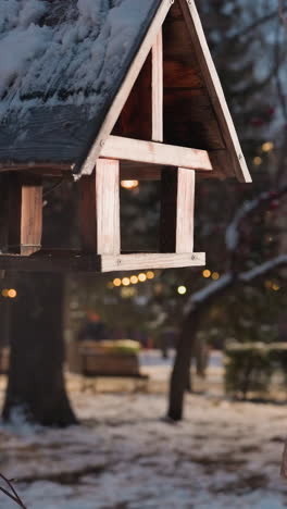 niña joven de pie al aire libre en el parque de invierno, dejando caer comida en la casa de los pájaros mientras está rodeada de nieve, luces del parque de la ciudad brillando en el fondo, cálidas vibraciones de invierno