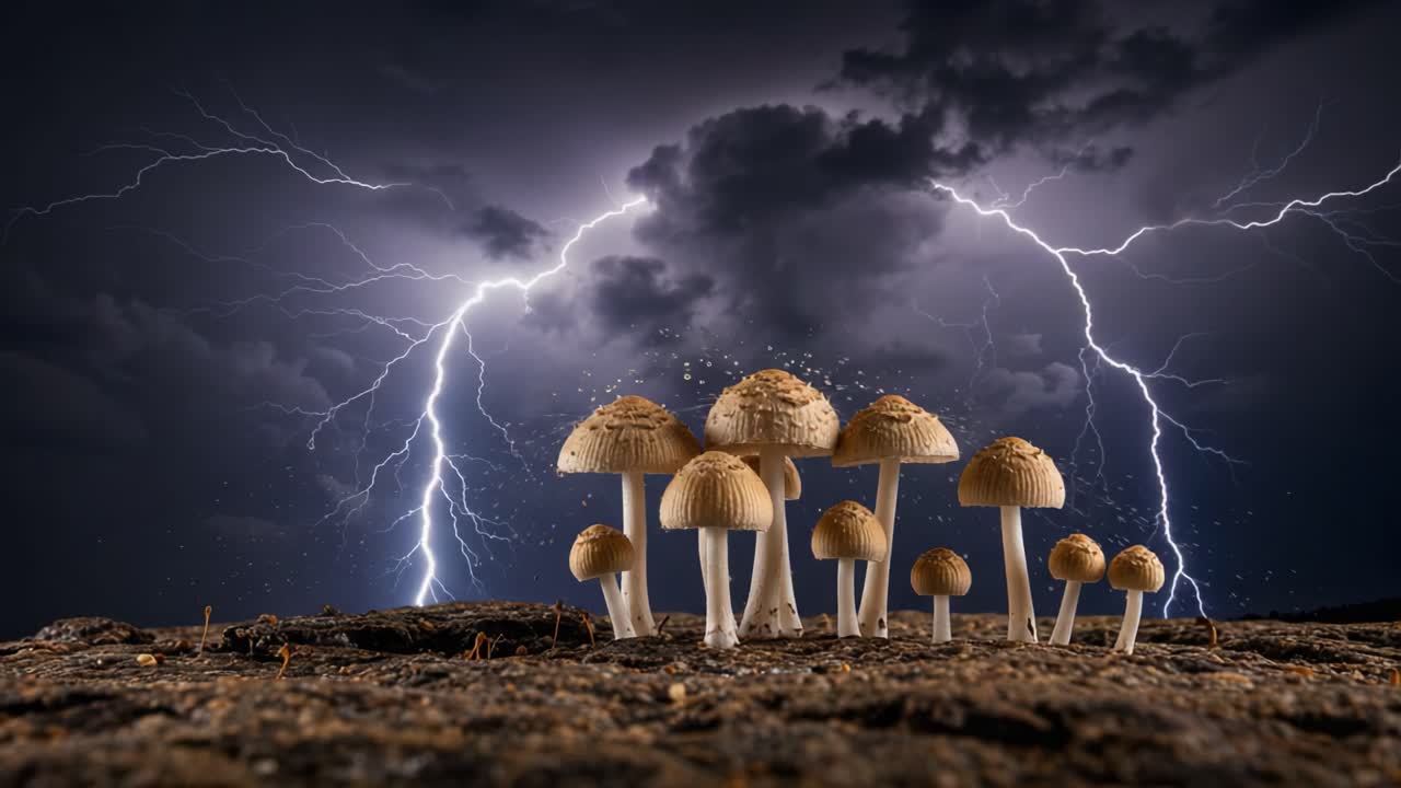Pilze im Gewitter: Fesselnde Aufnahmen der Widerstandsfähigkeit der Natur inmitten einschlagender Blitze und dramatischer Himmel.