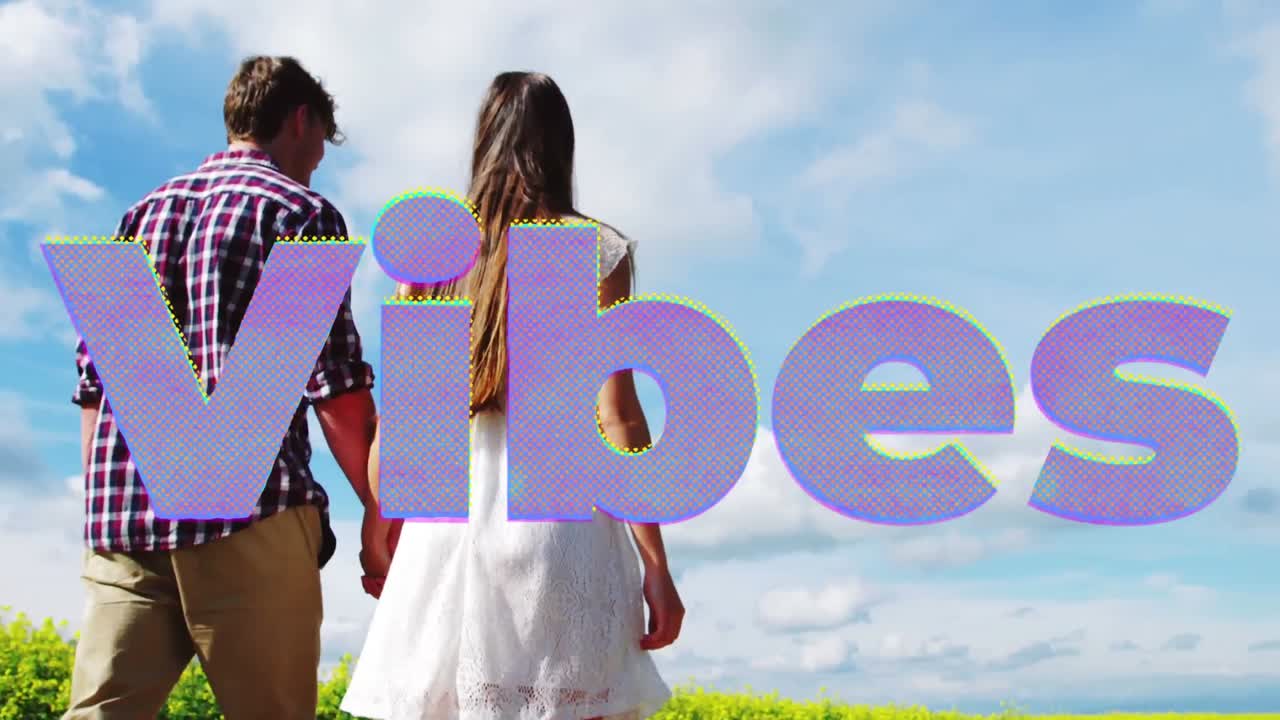 animación de vibraciones texto sobre pareja feliz al aire libre