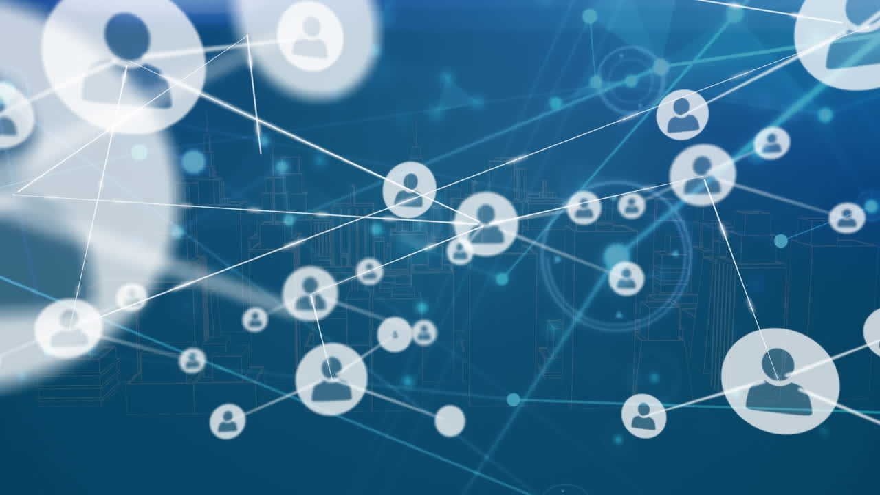 어두운 배경에 아이콘을 가진 연결 네트워크의 애니메이션