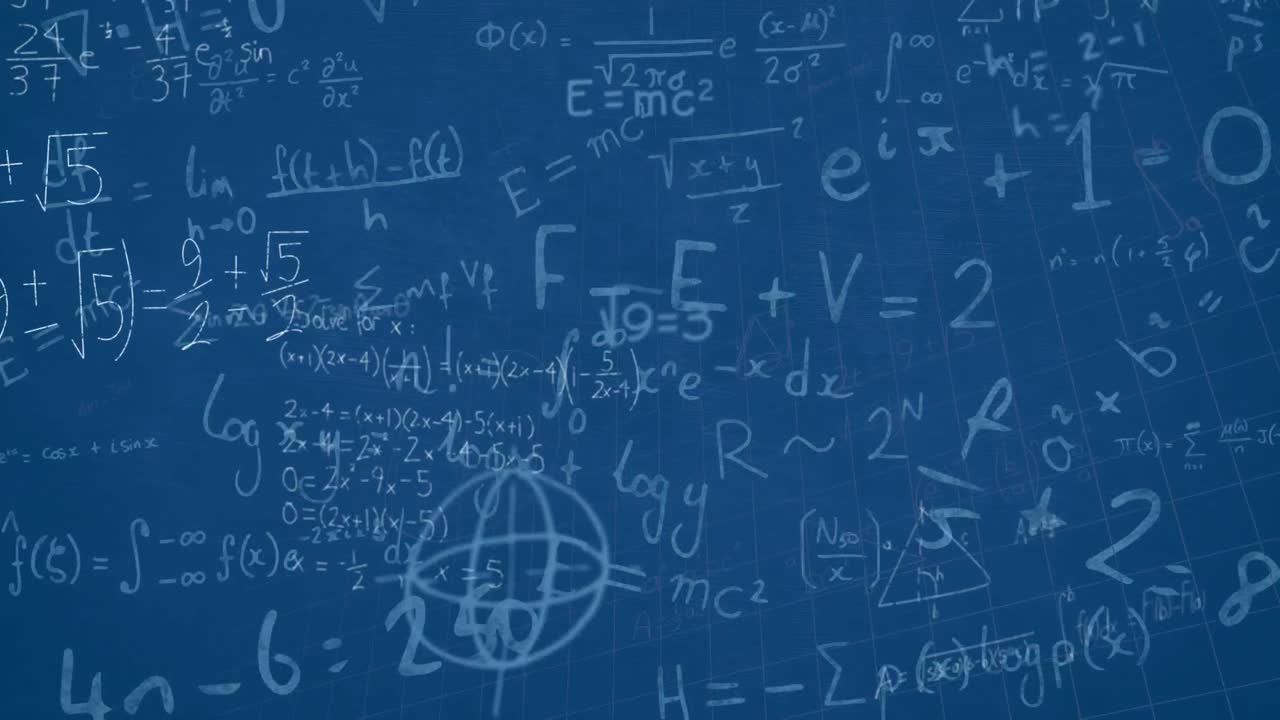 Animation of mathematical equations floating over grid network against blue background