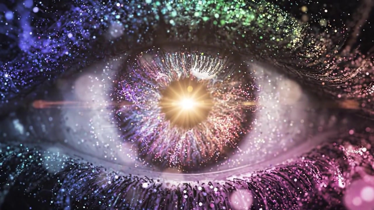 A Stunning Close-Up View of a Cosmic Eye, Sparkling with Stars and Colors, Exploring the Universe through a Human Lens of Imagination and Wonder