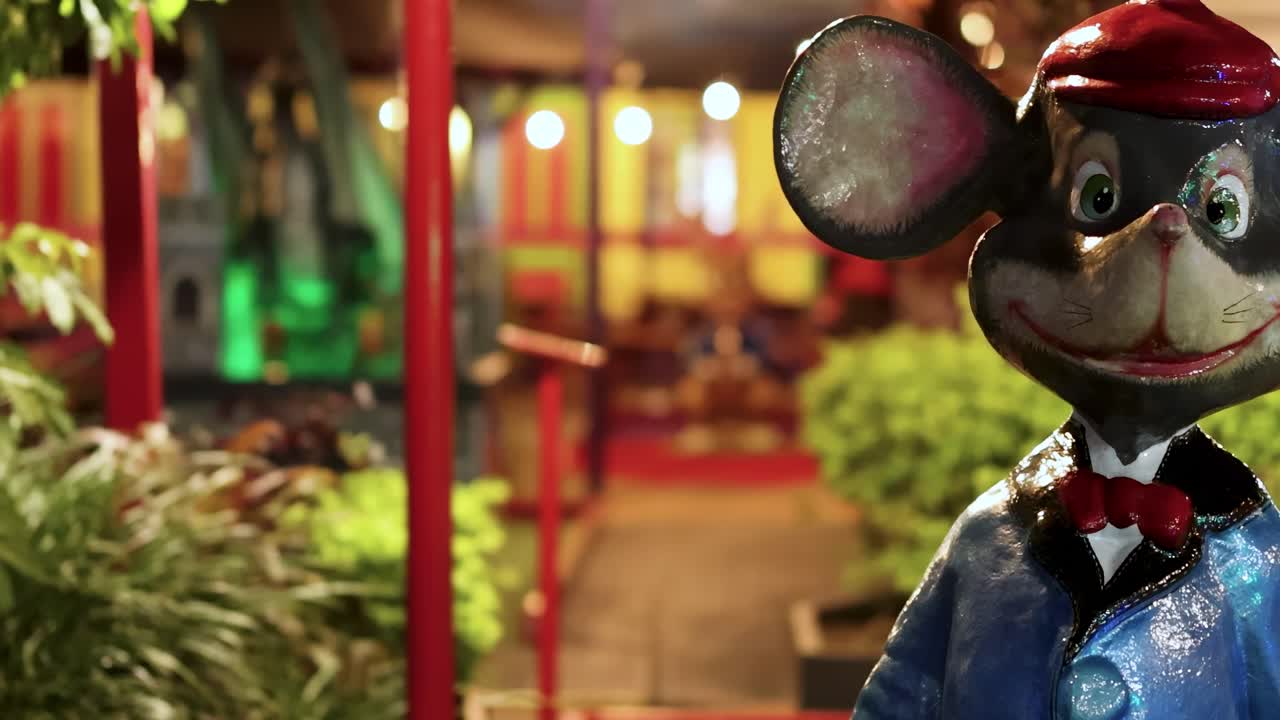 Animated mouse explores a vibrant mini-golf course