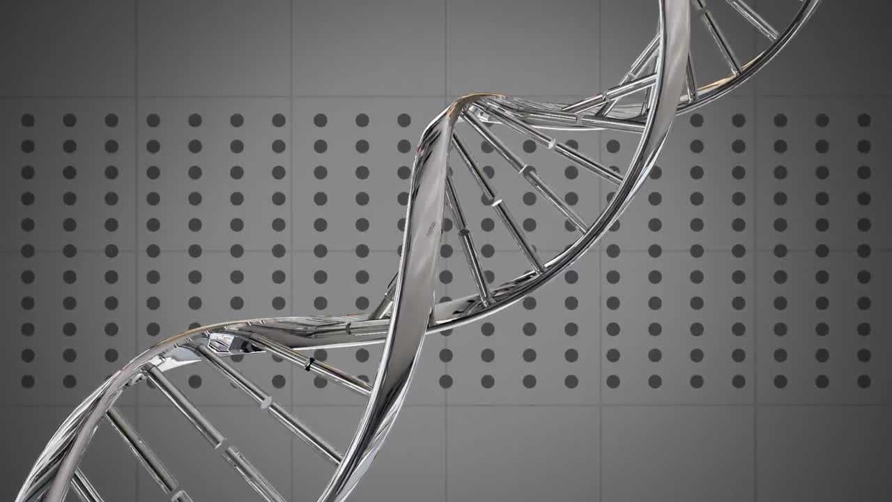 Metallic DNA structure spinning against grey background