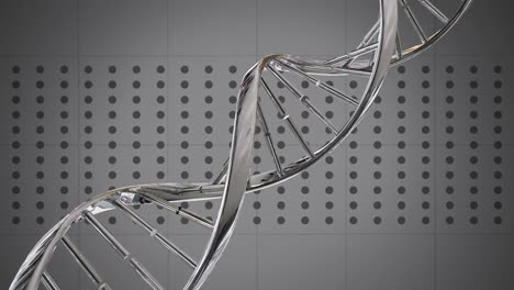 Metallic-DNA-structure-spinning-against-grey-background