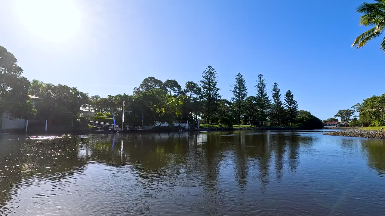 울창한 강 풍경을 통해 평화로운 보트 여행