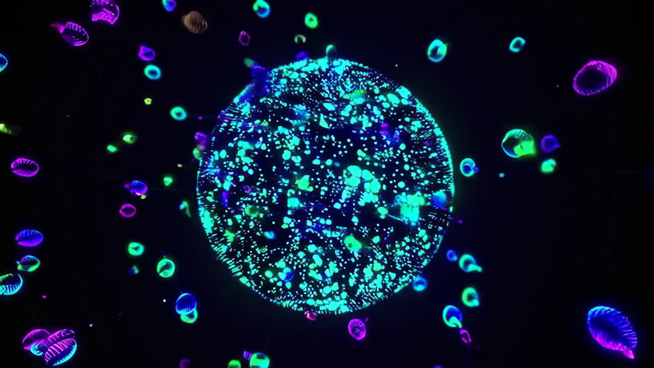 Glowing Neon Sphere with Colorful Particles