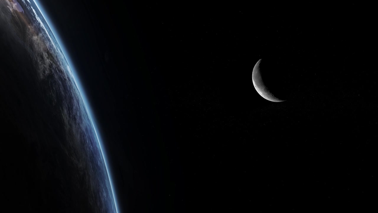 Horizonte da Terra e Lua crescente no espaço profundo com estrelas