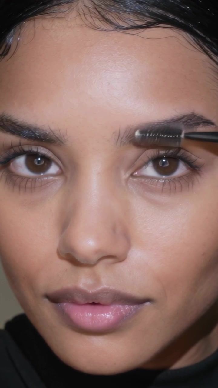 Vertical video: Spoolie entering right causing woman high collar top grooming brows on set tidying