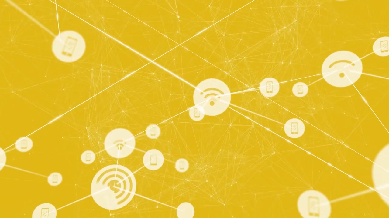 Animation of network of connections with icons over yellow background