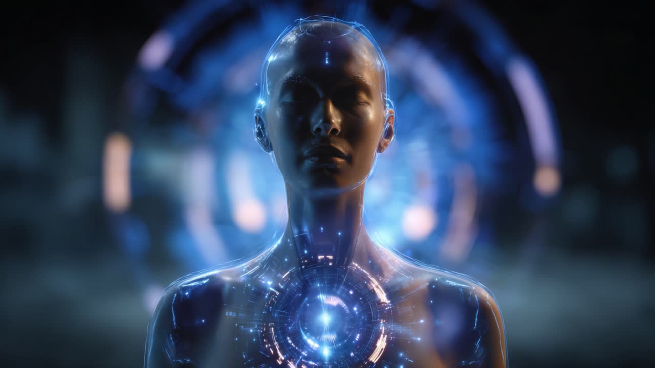 A stunning digital representation of a humanoid figure radiating with blue energy and intricate futuristic designs, symbolizing advanced technology and transformation