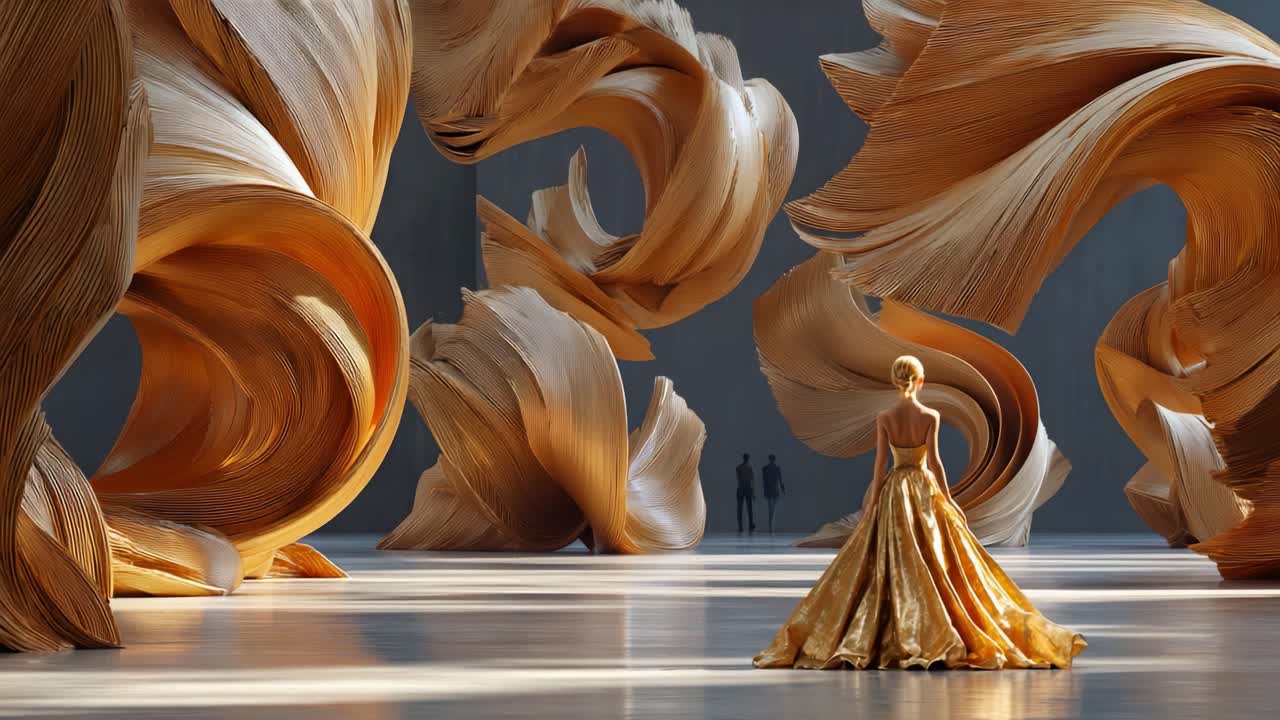 Woman in Golden Dress at an Art Exhibition