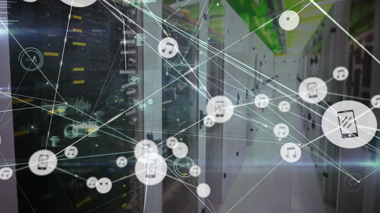 Animation of network of connections with icons over computer servers