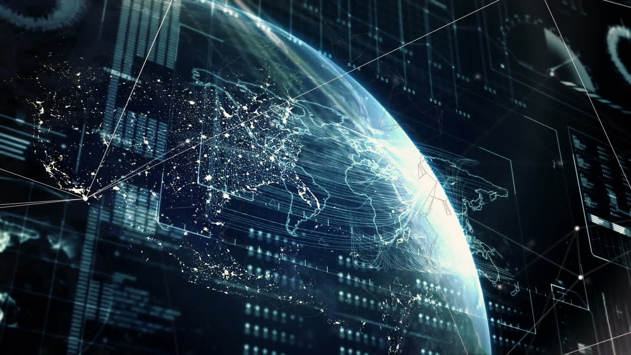 Animation of globe, digital icons and data processing on screens