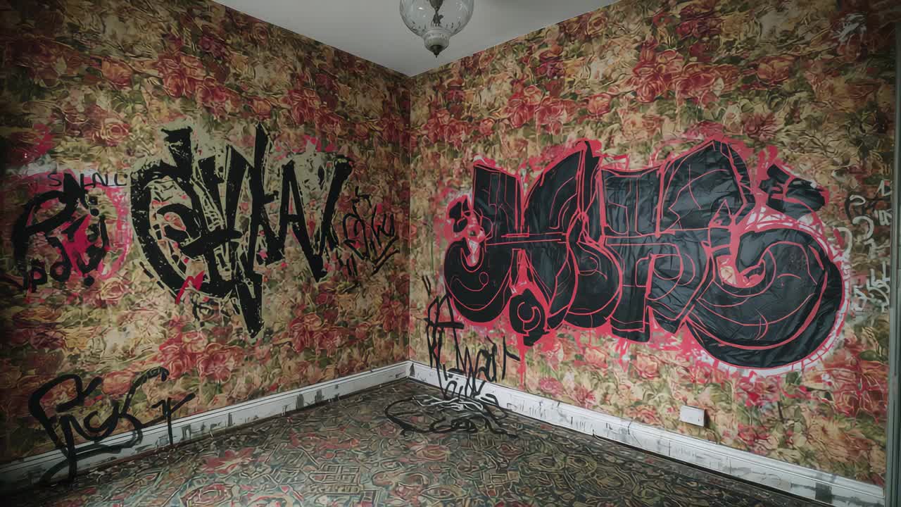 Telecamera in movimento che rivela l'angolo di un muro floreale taggato in una stanza abbandonata, mostrando un tag rosa e dei detriti