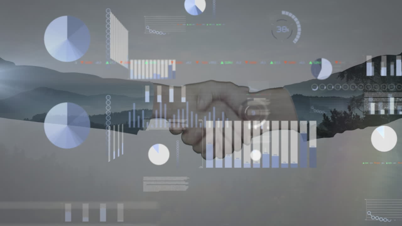 Animazione dell'elaborazione dati su persone caucasiche che si stringono la mano