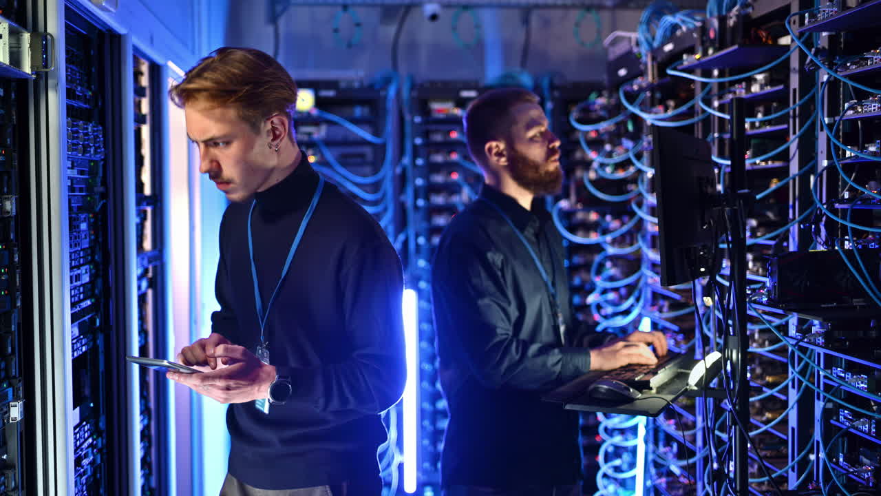 Two men programming in a server room