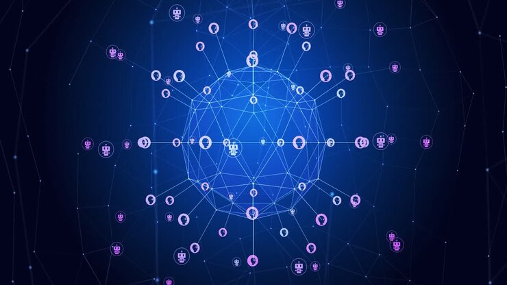 Animation of globe with connections and icons over blue background