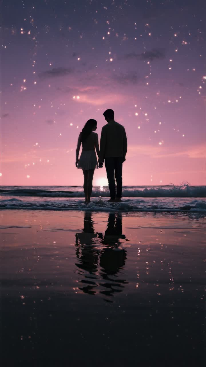 Silhouetted couple holding hands on a beach at sunset, with sparkling sky
