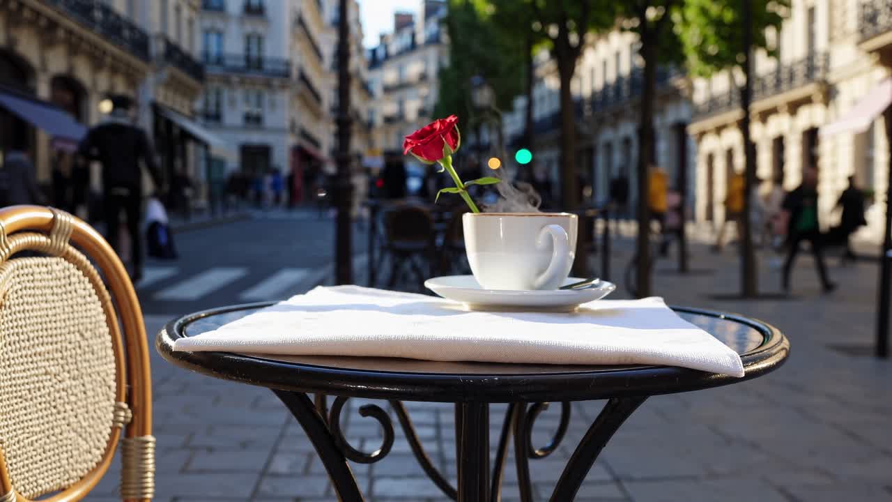 A street-level video shot captures a steaming coffee cup with a red rose on a café table, set