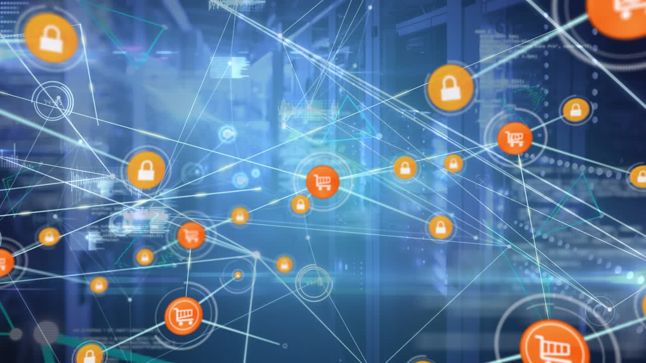 animación de la red de conexiones con iconos sobre servidores