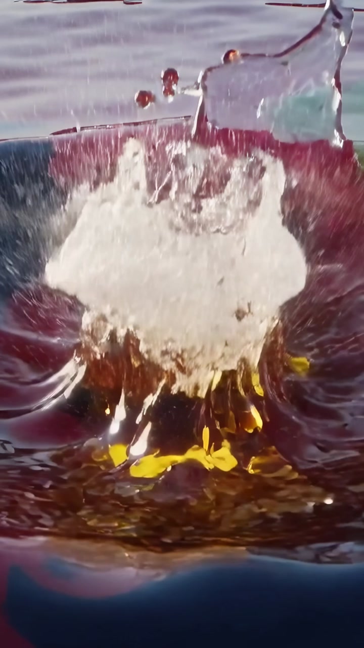 Vertical video: Dropping clear prism into red fluid on tray, forming crown and moving yellow beads