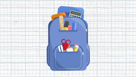 digital animation of blue school bag icon moving against squared lined paper in background