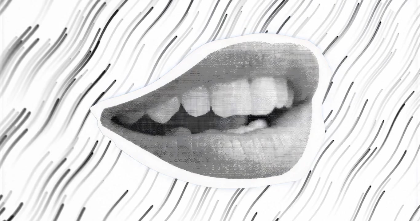 Collage mouth starting smile while hand-drawn wavy lines undulating and creating breathing illusion