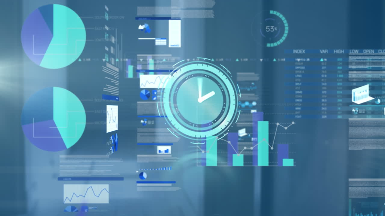 Animation of digital clock over infographic interface and trading board against abstract background
