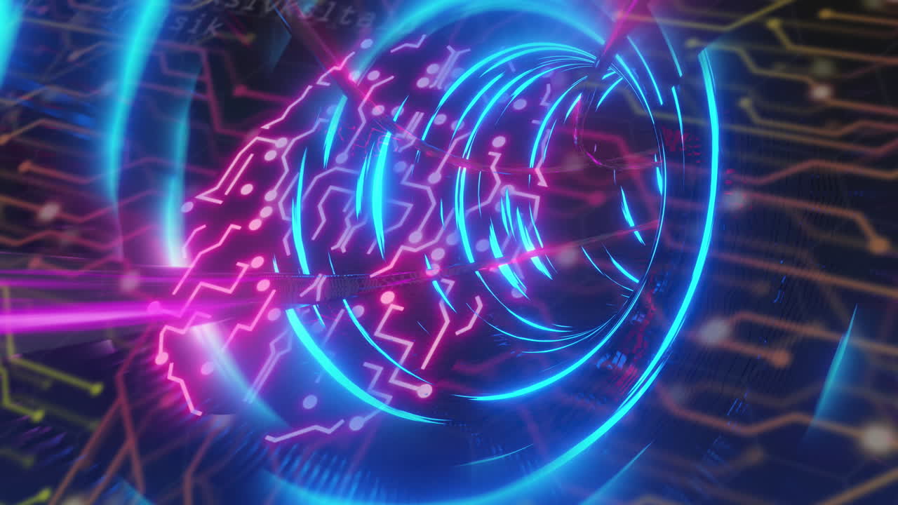 animación del candado de seguridad en línea, procesamiento de datos de neón a través de una placa de circuitos informáticos