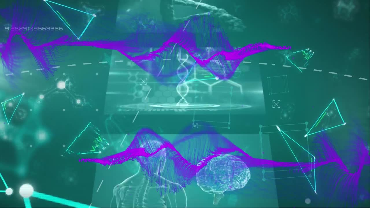 Animation of pink waves over triangles and diverse data on screens