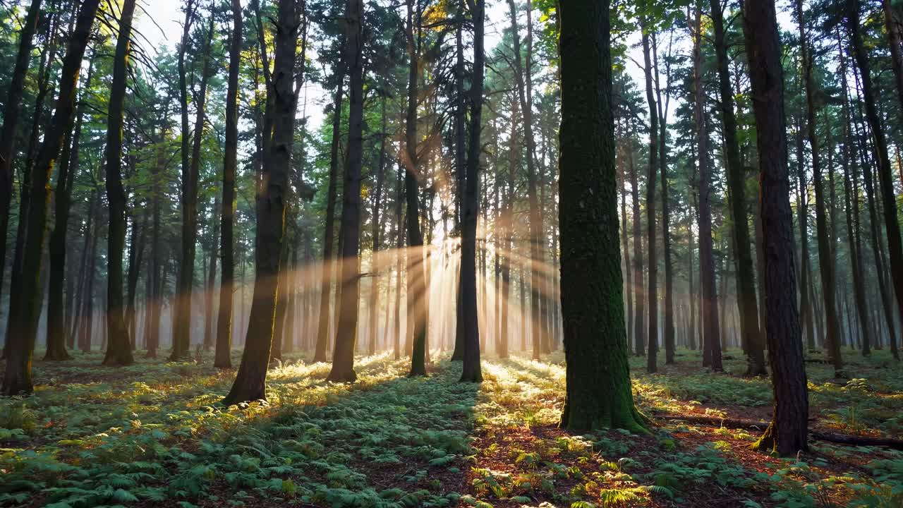 Goldene Sonnenstrahlen erhellen grünen Waldboden