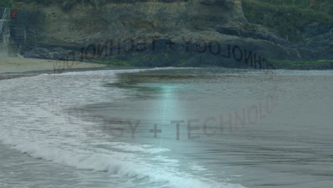 tech animation overlaying waves on rocky beach, showcasing technology integration