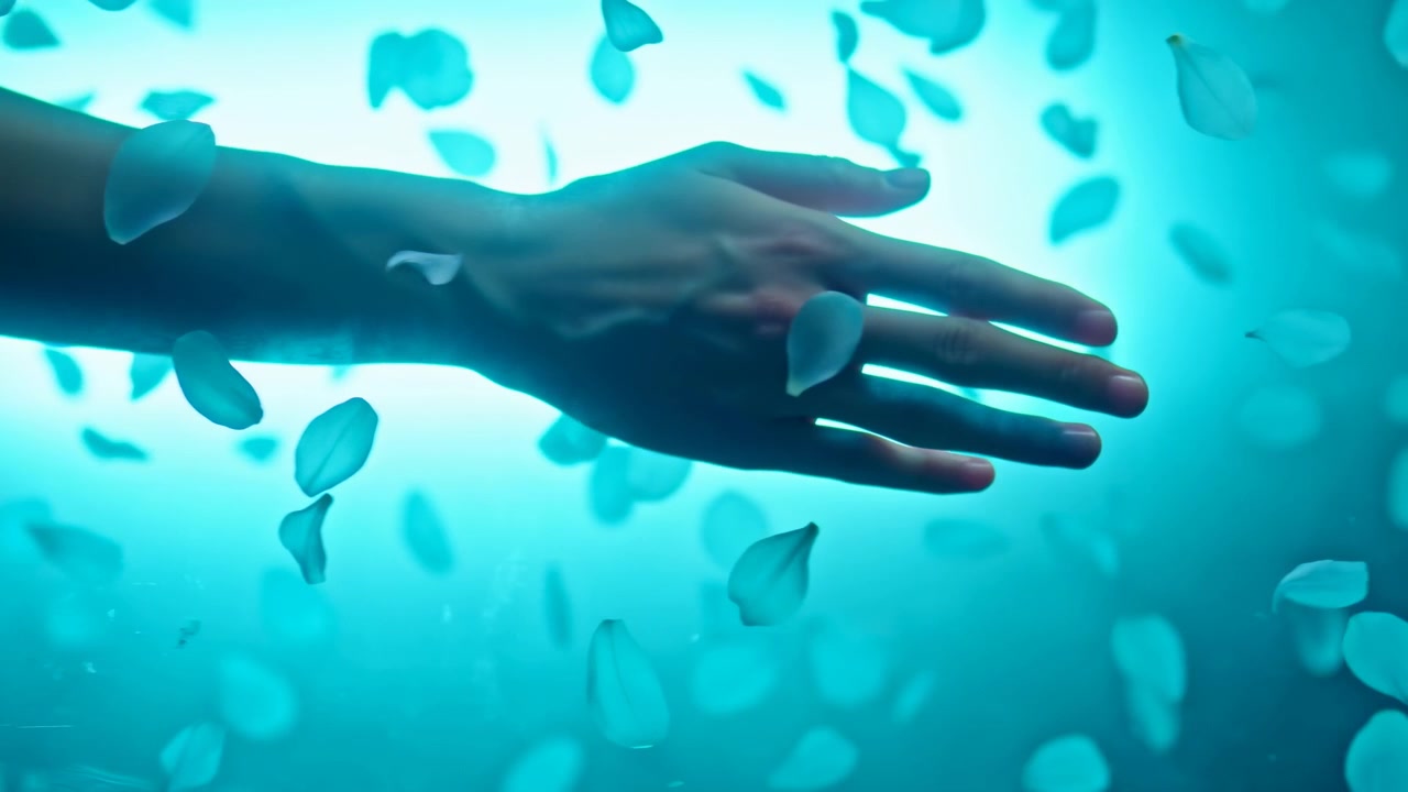 Closeup horizontal shot of two human hands overlapping with fingers extended and palms lightly touching, framed by numerous floating flower petals at varied focus planes