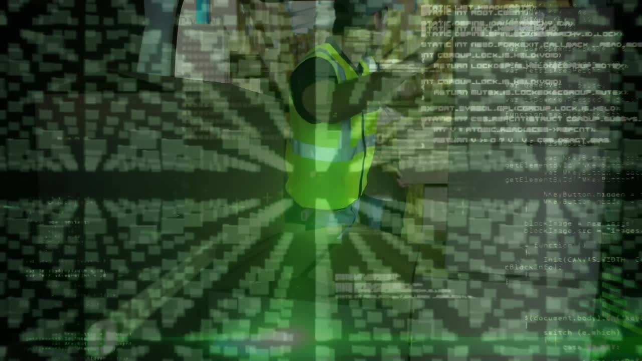 animación de la interfaz digital sobre el trabajador de almacén caucásico