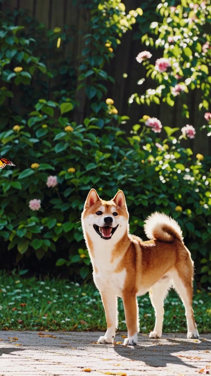 Anjing Shiba Inu Bermain dengan Kupu-kupu Monarch di Taman