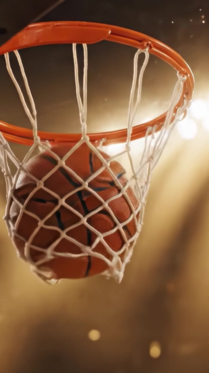 Momentos Dinâmicos de Ação de Basquete Capturados: Um Close-Up na Cesta e na Rede Cercadas por Iluminação Dramática, Criando uma Atmosfera Emocionante para Entusiastas de Esportes.